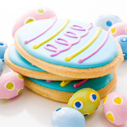 Easter egg biscuits decorated with icing.
