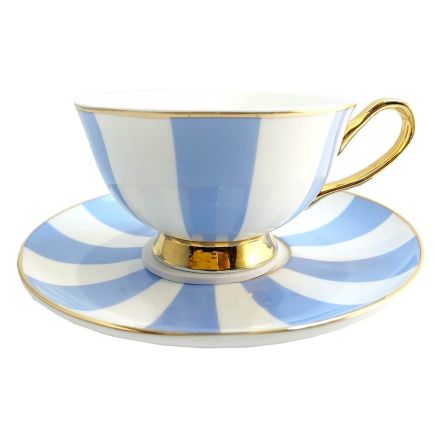 Stripey Blue and White Cup and Saucer