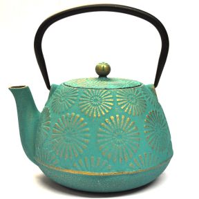 Coloured Cast Iron Teapot - Turquoise and Gold Daisy